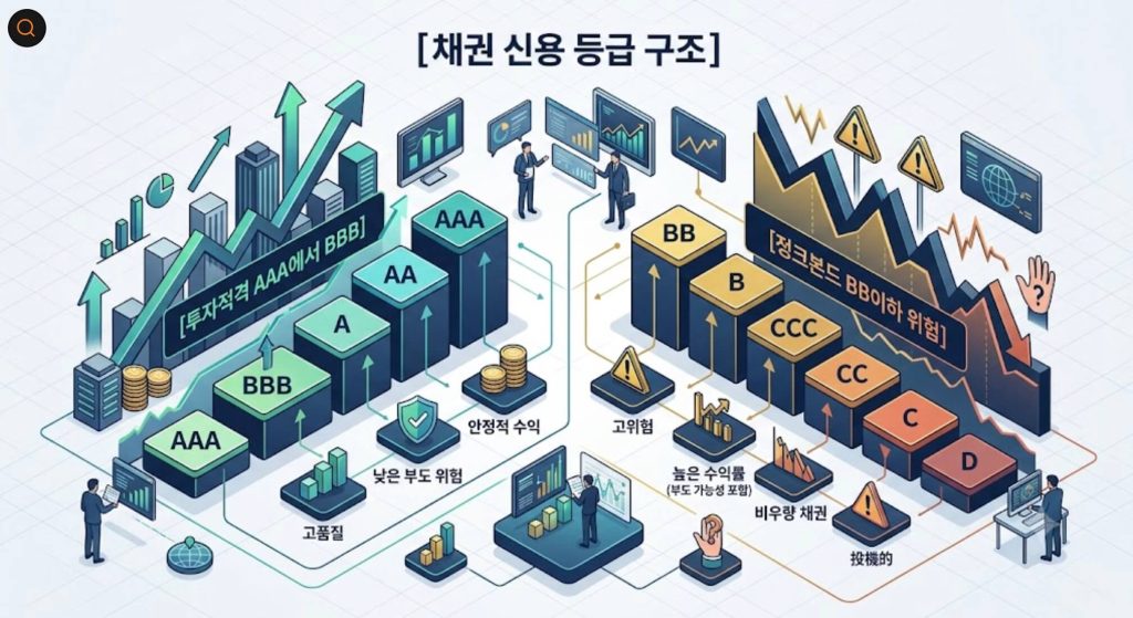 채권 신용 등급 읽는 법의 AAA부터 정크본드까지의 등급 체계와 신용 스프레드 위험 구조를 시각화한 구조적 인포그래픽