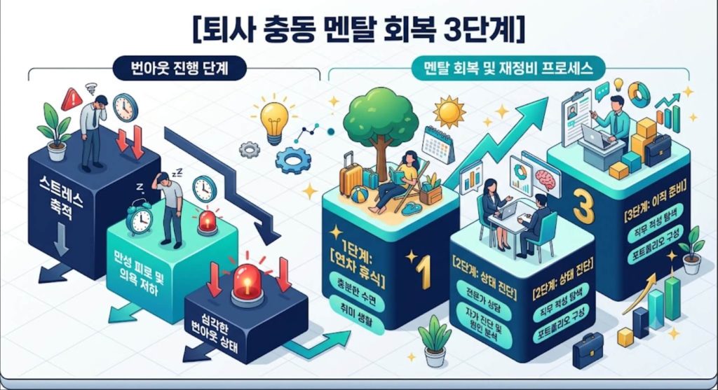 퇴사 충동 극복 및 멘탈 회복 3단계를 설명하는 한글 인포그래픽