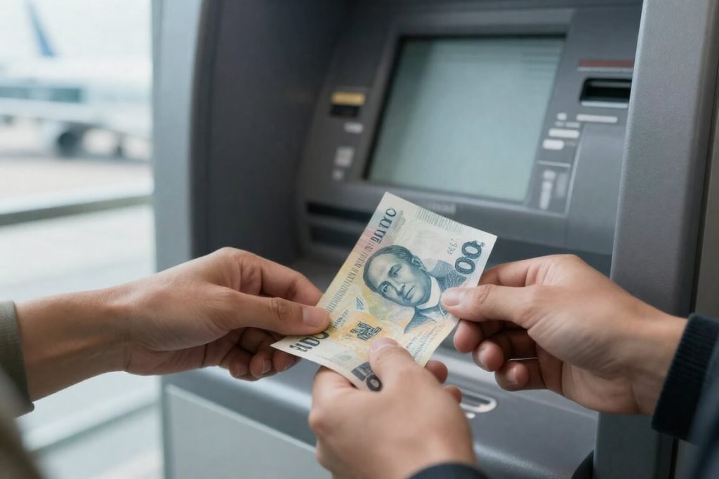해외 공항 현지 ATM기에서 카드로 현금 통화를 인출하고 있는 여행객의 모습