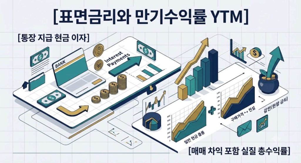 표면금리와 만기수익률 YTM의 구조와 채권 매수 가격에 따른 실질 수익률 결정 경로를 시각화한 구조적 인포그래픽