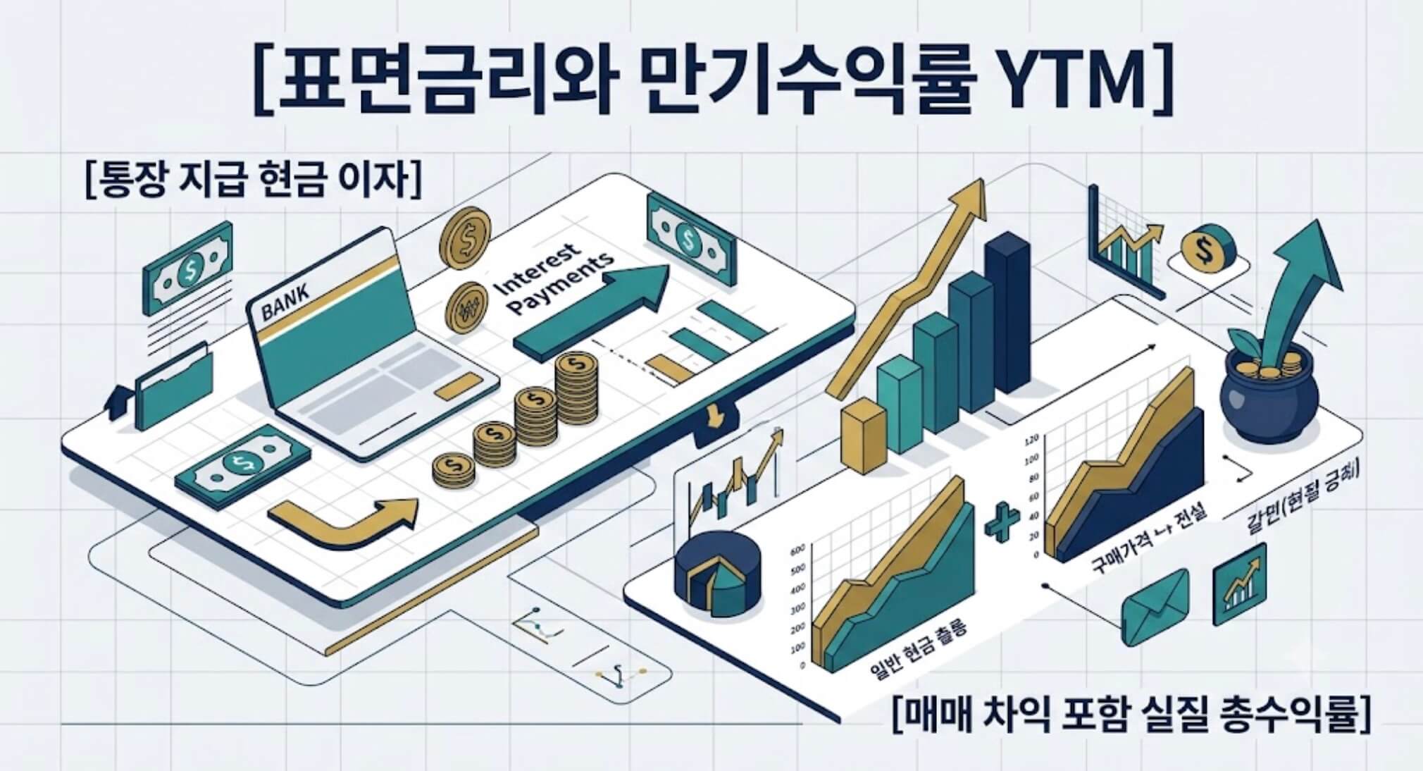 표면금리와 만기수익률 YTM의 구조와 채권 매수 가격에 따른 실질 수익률 결정 경로를 한글 타이틀과 함께 시각화한 구조적 인포그래픽