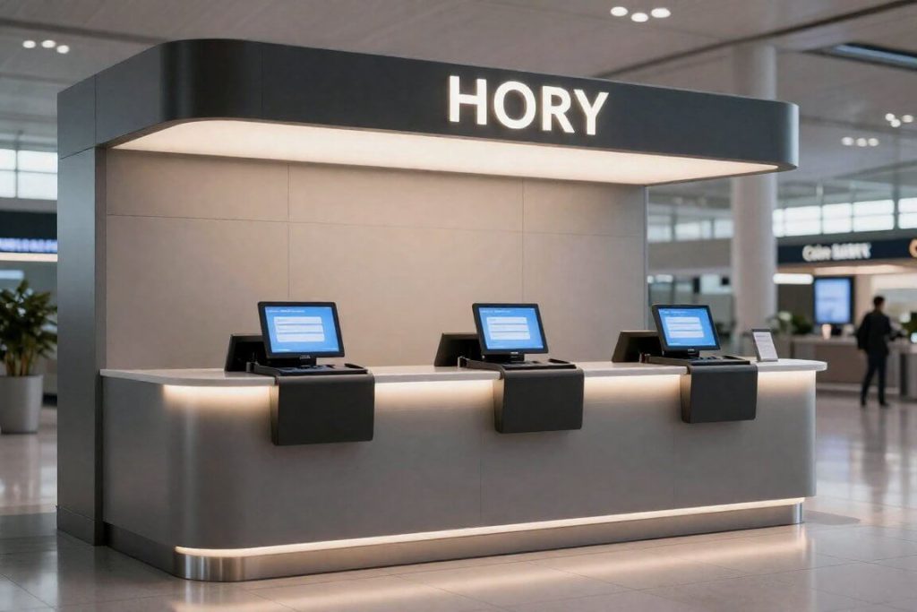 국제공항 내의 깨끗하고 현대적인 외환 환전소 창구 전경