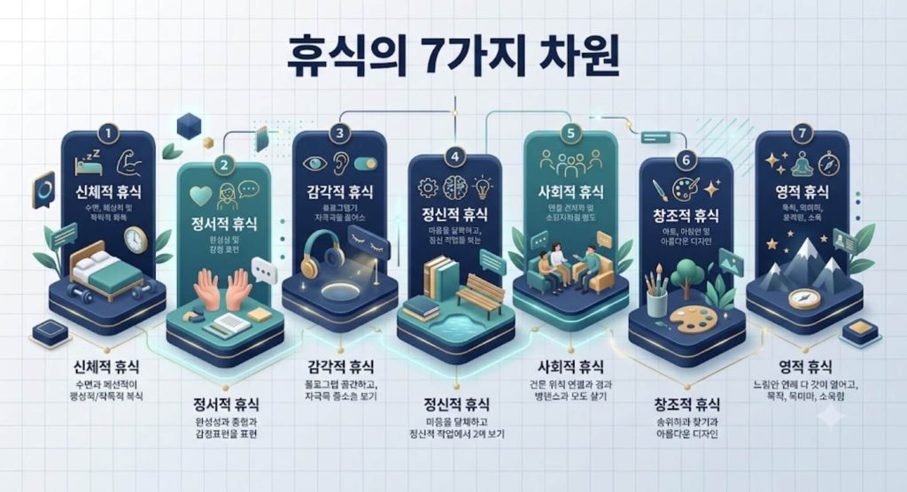 정상적 휴식의 7가지 차원 핵심 요소를 한눈에 정리한 한글 인포그래픽