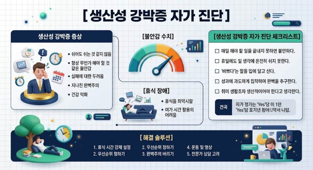 생산성 강박증 자가 진단 및 휴식 불안 체크리스트 한글 인포그래픽