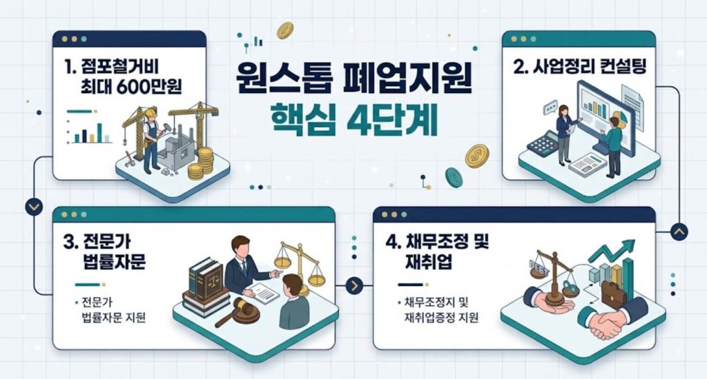 소상공인 희망리턴패키지 원스톱 폐업지원의 핵심 4대 지원 항목을 한눈에 보여주는 한글 인포그래픽